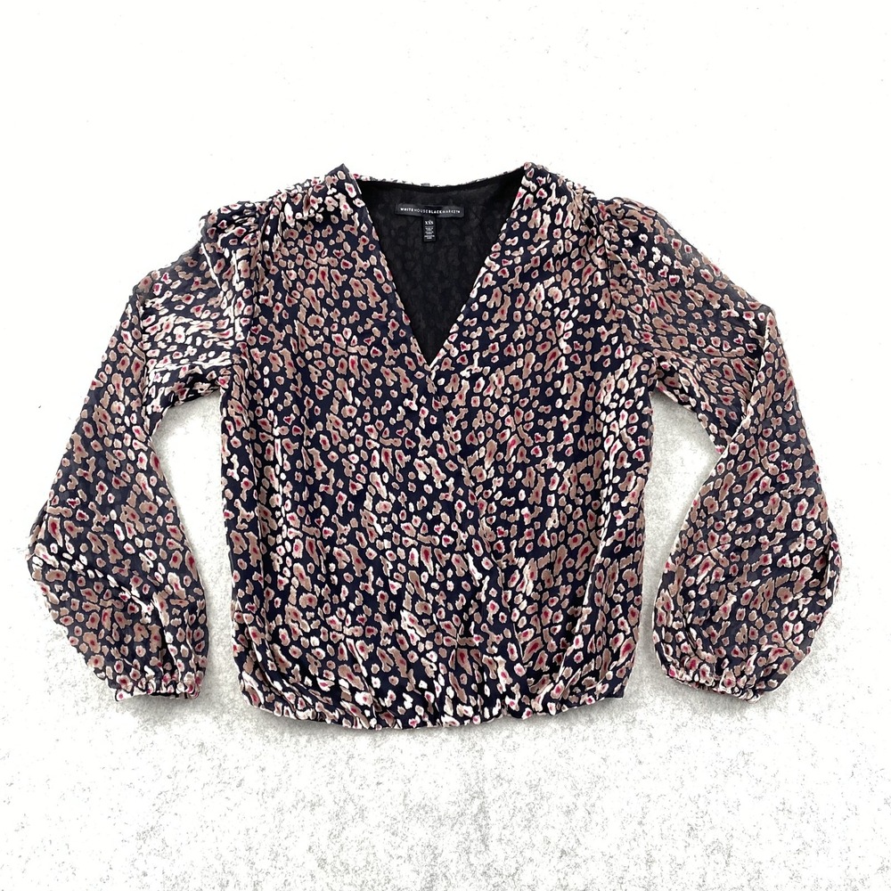 White House Black Market Blouse Womens 2XS Blue Animal V Neck Long Sleeve Top